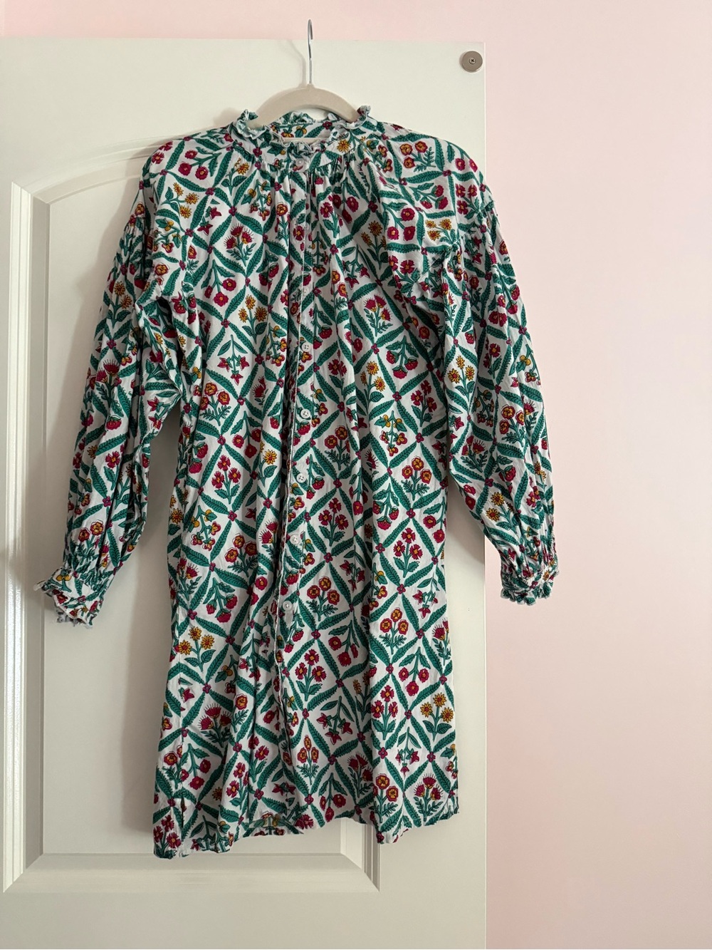 Floral Smocked Neck Long-Sleeve Dress in Green & White